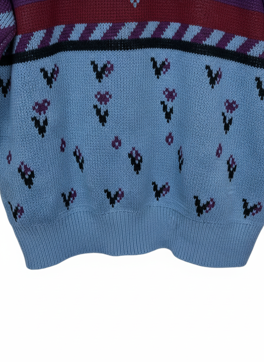 Château Unisex 80s Purple Geometric Knit Crewneck Acrylic Sweater Medium