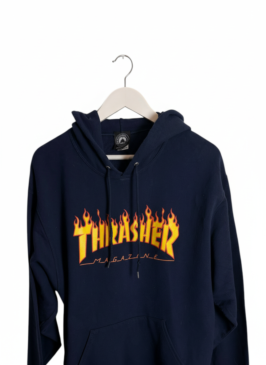 Thrasher Unisex Navy Flame Logo Graphic Pullover Streetwear Hoodie Size M