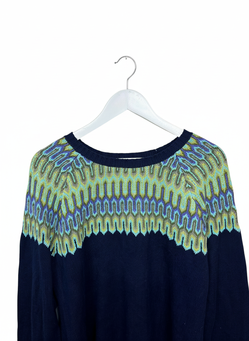 Vintage Navy Womens Geometric Zig Zag Fair Isle Crewneck Knit Sweater M