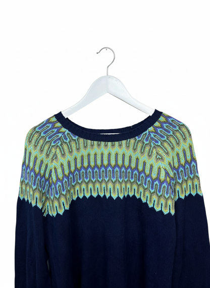 Vintage Navy Womens Geometric Zig Zag Fair Isle Crewneck Knit Sweater M