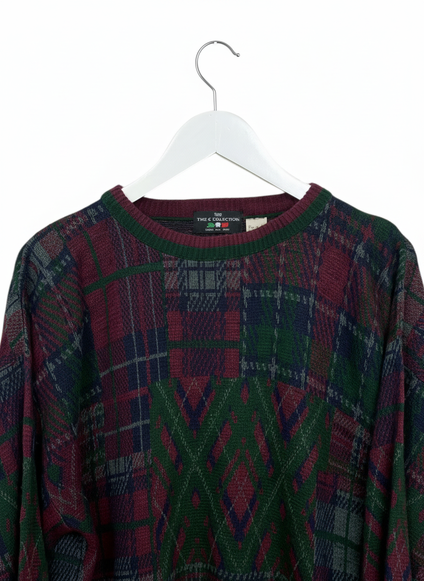 The Italian Sweater Co Mens Green Fair Isle Plaid Crewneck Wool Sweater L