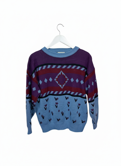 Château Unisex 80s Purple Geometric Knit Crewneck Acrylic Sweater Medium