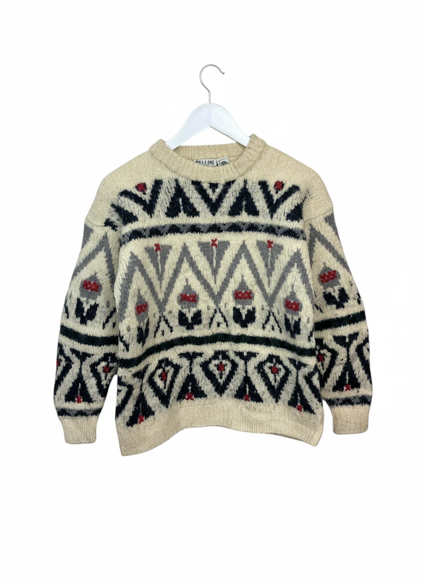 Vintage Bellini Australia Womens Cream Geometric Pattern Wool Crewneck Sweater M