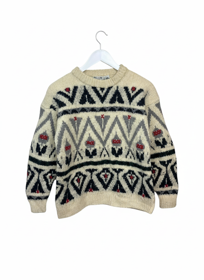 Vintage Bellini Australia Womens Cream Geometric Pattern Wool Crewneck Sweater M