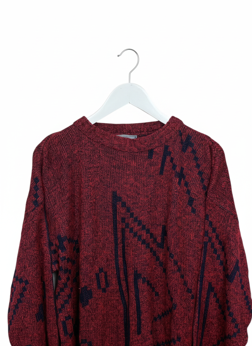 Vintage 80s Le TIGRÉ Unisex Red Geometric Knit Crewneck Sweater Size L