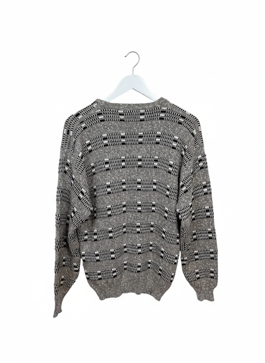 Jed 90s Unisex Geometric Pattern Knit Crewneck Sweater Grey Black Size M