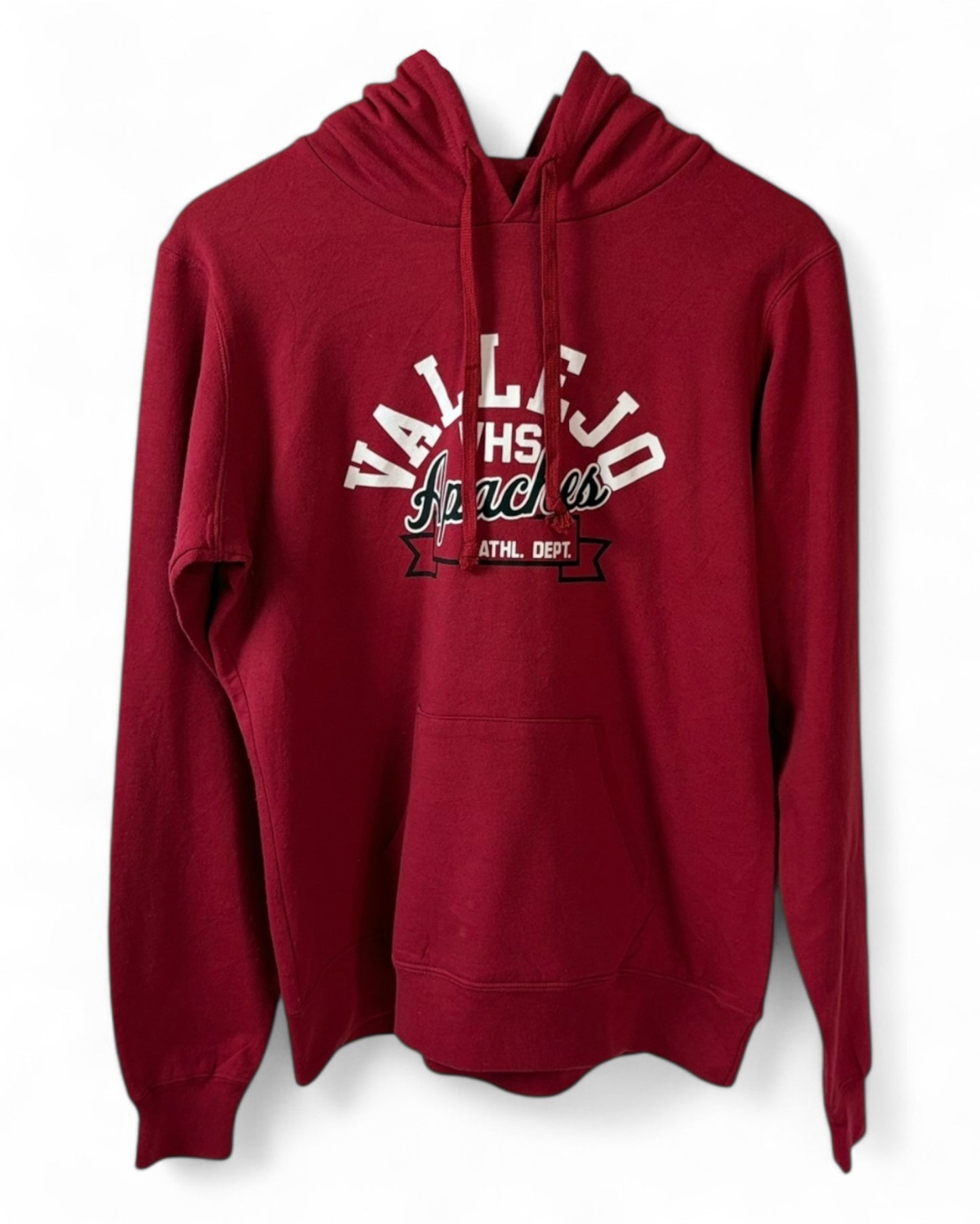 Red hoodie with 'Vallejo High School Athletic Dept.' text on a white background