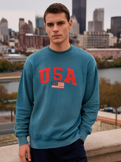 Vintage USA Flag Unisex Blue Crew Neck Sweatshirt Graphic Size XL
